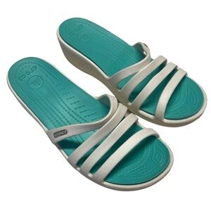 CROCS Women's Sz 10 Rhonda Wedge Platinum Oyster Island Green Slip On Sandals